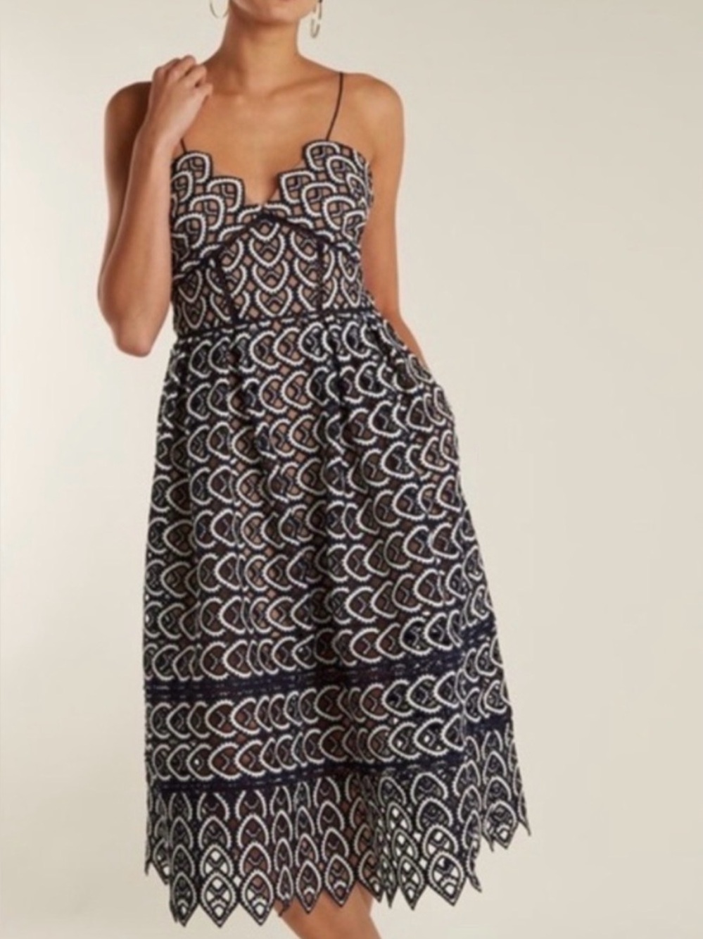 NWT Self-Portrait Azalea Navy and White Lace Midi Dress with Scalloped Hem